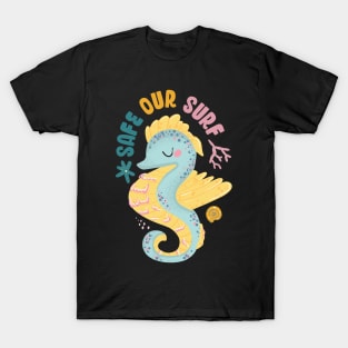 Safe our Surf quote with cute sea animal sea horse, starfish, coral and shell aesthetic pastel color illustration. T-Shirt